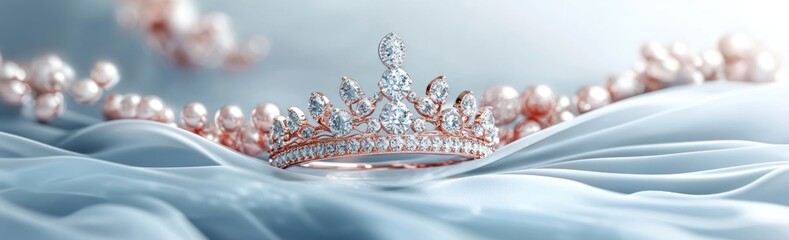 Poster - A sparkling tiara rests elegantly on soft fabric, surrounded by pearls, symbolizing royalty.