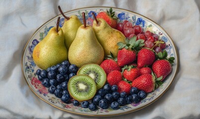 Sticker - A colorful fruit platter featuring pears, strawberries, grapes, blueberries, and kiwi slices.