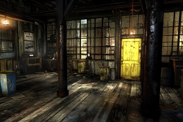Poster - An abandoned industrial space with a yellow door and weathered wooden floors.