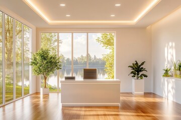 Aufkleber - A bright, modern office space with large windows overlooking a serene lake.