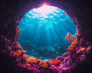 Wall Mural - Underwater cave with vibrant coral reef and sunbeams.