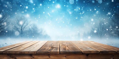 Sticker - Empty wooden table overlooking a snowy winter scene with falling snowflakes and leafless trees