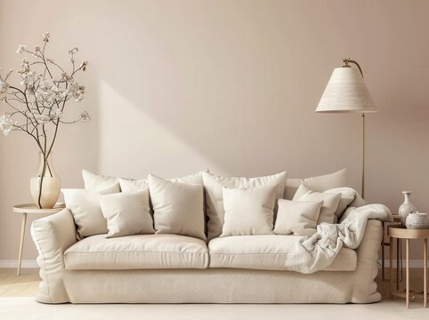Beige sofa with throw pillows. blanket. and vase of white flowers in a minimalist living room setting