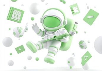 Poster - A playful green astronaut reading among floating objects in a whimsical space scene.