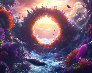 Wall Mural - Crystal portal in vibrant underwater coral reef scene.