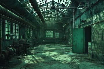 Poster - An abandoned industrial space with greenish lighting and scattered debris.