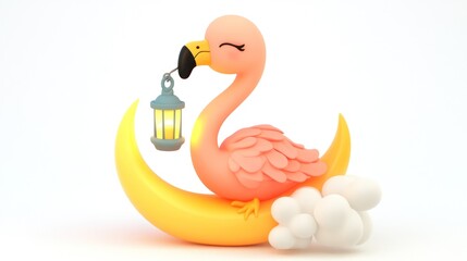 Aufkleber - A cheerful flamingo perched on a crescent moon holding a lantern, with fluffy clouds nearby.