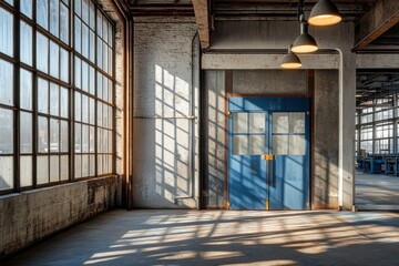 Aufkleber - A spacious industrial interior featuring large windows and a blue door, showcasing natural light.