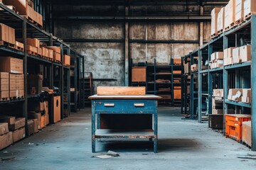 Poster - An empty workspace in a warehouse with shelves and boxes, emphasizing industrial organization.