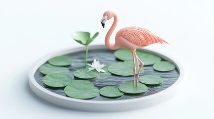 Poster - A serene scene featuring a pink flamingo standing on lily pads in a decorative pond.
