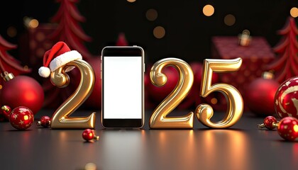 festive new year 2025 celebration with smartphone and christmas decorations