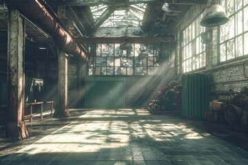 Poster - A sunlit, abandoned industrial space with rusted machinery and large windows.
