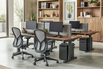 Poster - Modern office workspace with desks, computers, and ergonomic chairs.