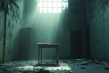Poster - A dimly lit, abandoned room with a table, highlighting decay and solitude.