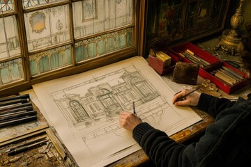 Aufkleber - An artist sketches architectural details by a window, surrounded by drawing tools and materials.