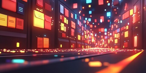 Poster - futuristic abstract network grid with files and folders illuminated by vibrant colors in a digital e