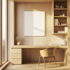 Aufkleber - A minimalist wooden workspace featuring a desk, chair, and shelves with natural light.