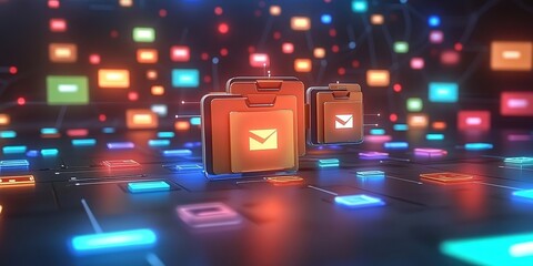 Poster - abstract representation of digital network with colorful grids, files, and folders in a futuristic e