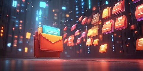 Fototapete - Futuristic Abstract Network Grid with Colorful Folders and Files Representing Digital Data Storage and Organization in a Virtual Environment
