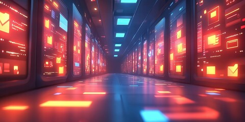 Fototapete - Futuristic Abstract Network Grid with Digital Files and Folders in a High-Tech Environment Surrounded by Glowing Colors and Lights