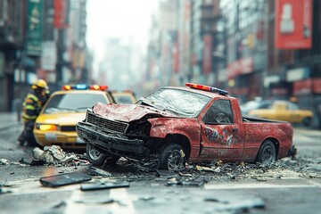 Wall Mural - A detailed image showcasing the collision between a pickup truck and a car. The scene captures the extent of the damage and the impact of the crash on both vehicles.

