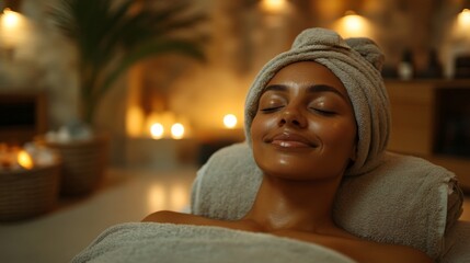Poster - A woman enjoys a calming spa treatment in a tranquil room adorned with soft lighting and flickering candles. She appears rejuvenated and blissful, surrounded by a peaceful atmosphere.