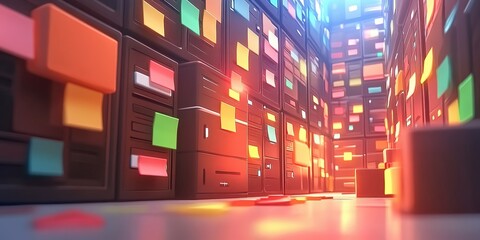 Poster - futuristic abstract network grid with colorful files and folders in a digital archive environment fo
