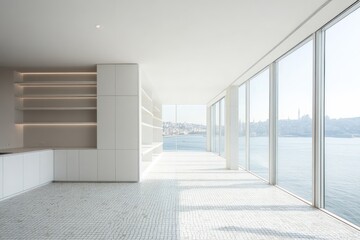 Poster - Modern interior with large windows showcasing a waterfront view.