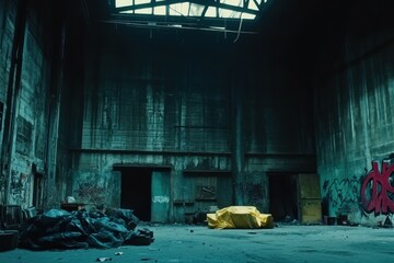 Poster - An abandoned industrial space with graffiti and a covered object in the center.