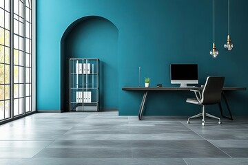 Poster - Modern office space with teal walls, sleek furniture, and natural light.