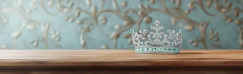 Poster - A decorative crown resting on a wooden surface against an elegant wallpaper backdrop.