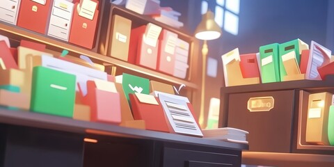Poster - Futuristic Abstract Representation of an Organized Grid Network with Colorful Files and Folders on a Desk Bathed in Gentle Light