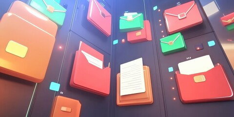 Poster - futuristic abstract network grid illustrating digital folders and files organized in a colorful 3d e