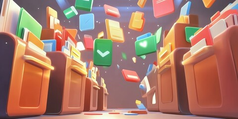 Poster - futuristic abstract network grid design featuring floating files and folders in a 3d environment wit