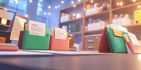 Poster - futuristic abstract network of files and folders on a modern desk with creative lighting and organiz