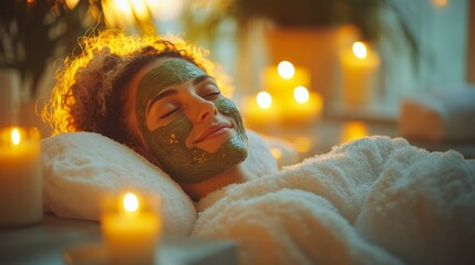 Poster - A woman enjoys a pampering spa treatment, her face covered in a green herbal mask. The warm glow of candles surrounds her as she relaxes, taking in the tranquil atmosphere.