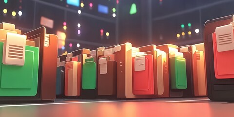Poster - futuristic abstract network grid with colorful files and folders against a digital background for mo