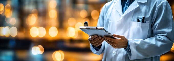 Poster - A person in a lab coat holding a tablet, suggesting a scientific or medical context.
