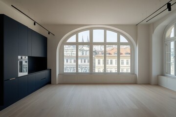 Poster - Modern interior with large windows and minimalist design.