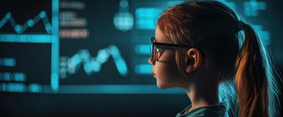 Aufkleber - A thoughtful girl observes digital data on a screen, showcasing curiosity and learning.