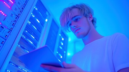 Poster - Young man engaged with digital tablet beside server cabinet, immersed in supercomputer environment, illuminated by striking blue light, showcasing technology and innovation.