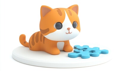 Aufkleber - A cute orange cat figurine sits beside a blue puzzle piece on a white base.