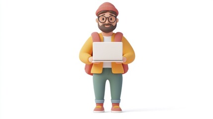 Aufkleber - A cartoon character with glasses and a backpack holding a laptop.