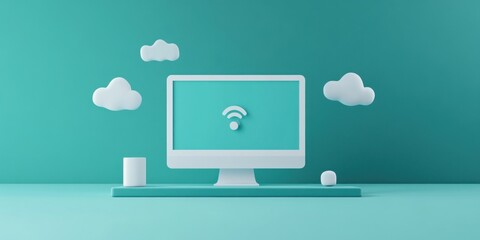 Aufkleber - A minimalist computer setup with a Wi-Fi symbol and decorative clouds.