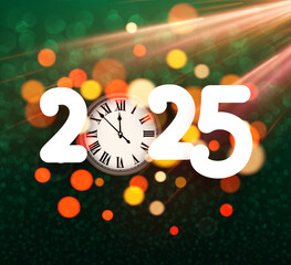 Canvas Print - Elegant 2025 typography with a countdown clock and festive bokeh lights on a green background. Vector illustration.