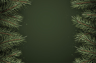 Canvas Print - Vector illustration of a festive green background bordered with realistic pine branches and subtle sparkling lights, perfect for holiday themes.