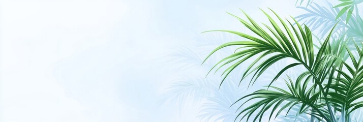 Poster - A serene background featuring lush green palm leaves against a soft blue gradient.