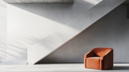 Wall Mural - Minimalist, loft interior design of modern living room. Boucle velvet terra cotta accent armchair against staircase. Room with concrete ceiling