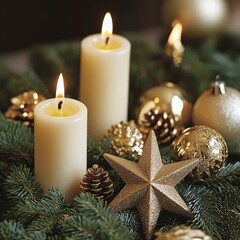 Poster - Christmas candles with fire, white sparkling star, golden pine cone and ball on blue wooden background. Behind there are spruce branches. New Year. Copy space