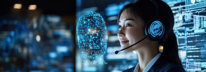 Poster - A woman in a headset engages with digital technology and data visualization.